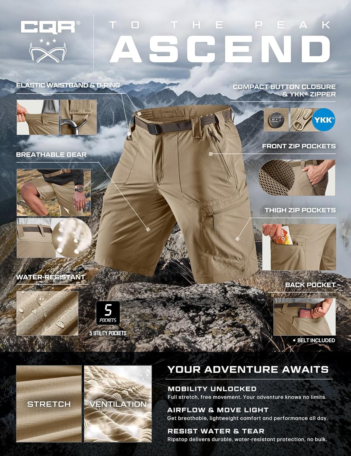 Men's Quick Dry Hiking Cargo Shorts - Lightweight Water-Resistant Tactical Design | Multiple Pockets for Outdoor Activities