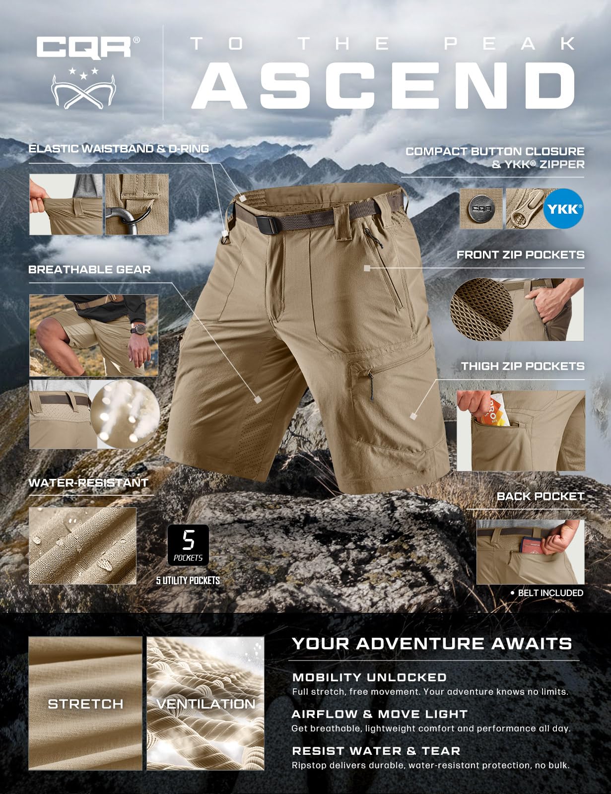 CQR Men's Quick Dry Stretch Hiking Cargo Shorts, Lightweight Water Resistant Tactical Casual, Golf & Outdoor with Pockets, Peak Alamo Khaki, 34W x 10L