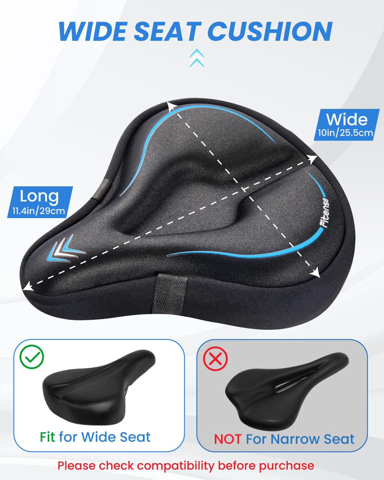 Fitense Bike Seat Cushion, Wide Comfort Bike Seat Cover for Men Women, Exercise Bicycle Seat Cushion Padded Cover Compatible with Peloton, Mountain Stationary Bikes, Indoor & Outdoor, Black