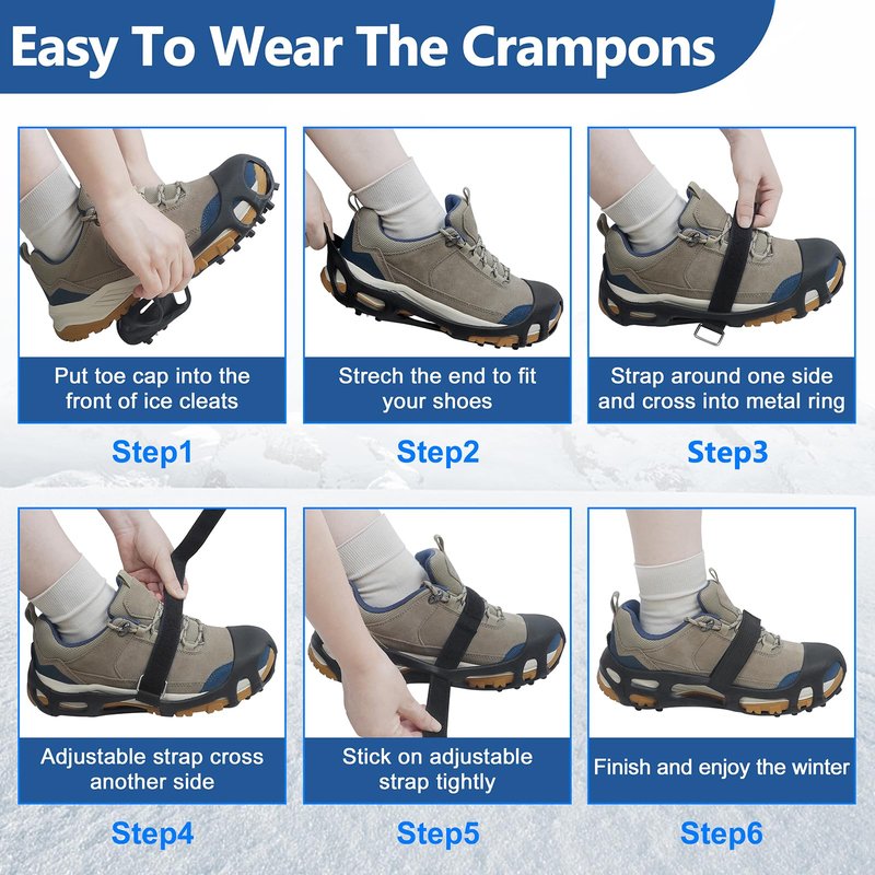 Ice Cleats, Crampons Ice Cleats for Shoes and Boots Men Women Kids, Anti Slip 28 Shoe Spikes for Snow and Ice, Non Slip Snow Cleats with Straps for Winter Walking Hiking Fishing