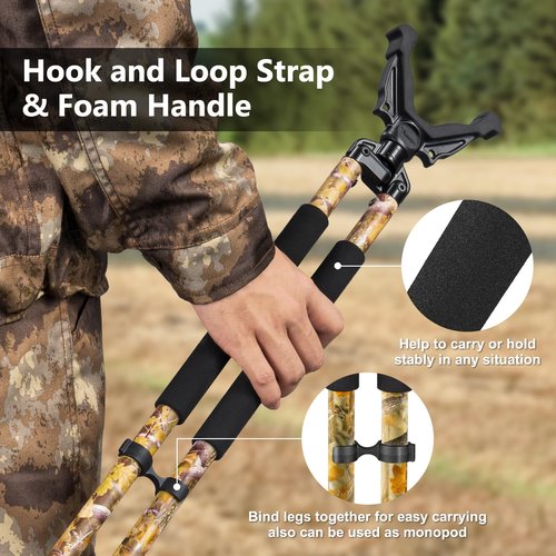 Trakiom Hunting Bipod, Shooting Tripod, Adjustable Shooting Bipod with 360° V Yoke Rest, Twist Lock, Lightweight Aluminum Frame, High Density Foam Handle and Spike Feet (Camo, 24.8"-47.2")