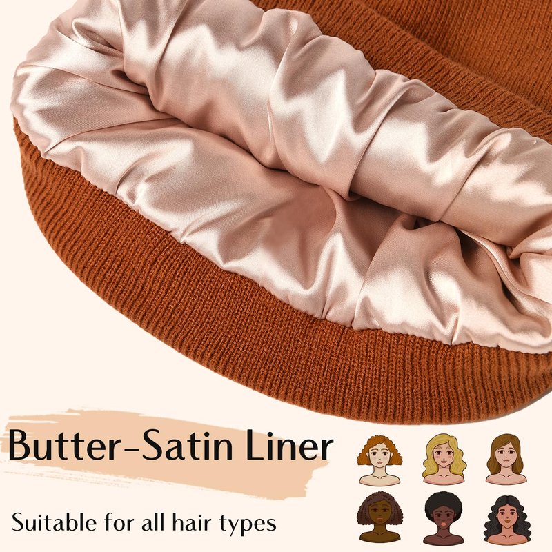3 Pack Satin Lined Winter Beanie Hats (US, Alpha, One Size, Black+Caramel+Grey Blue)