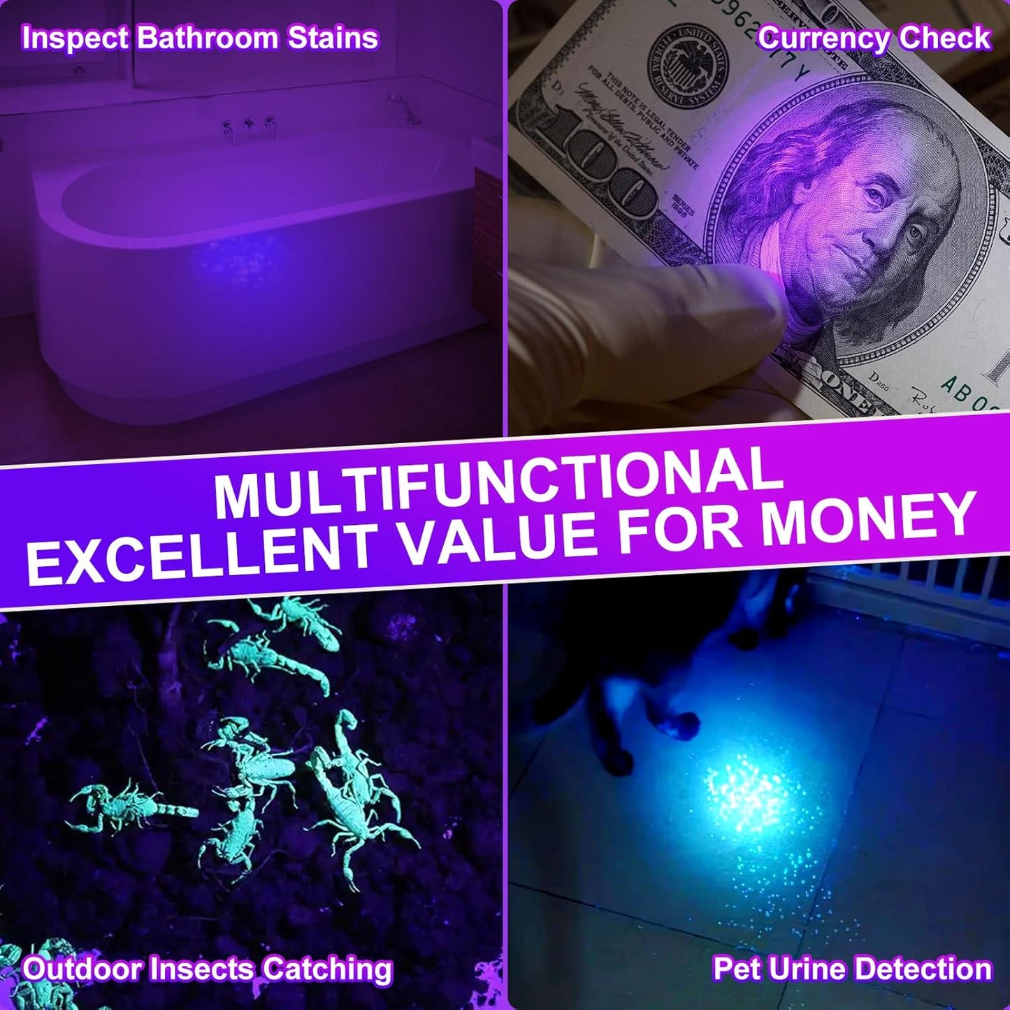 High-Power 365nm Black Light Flashlight - Rechargeable UV Light for Pet Urine Detection | Bed Bug & Jade Exploration