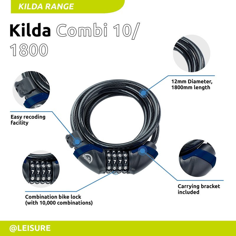 Squire Locks Heavy Duty Bikelock (Kilda Combi) - 4 Wheel Combination Cable Lock - Weatherproof Armoured Steel Combination Bike Lock - Flexible, Tamper Proof Combination Lock All Purpose Use (1800 mm)