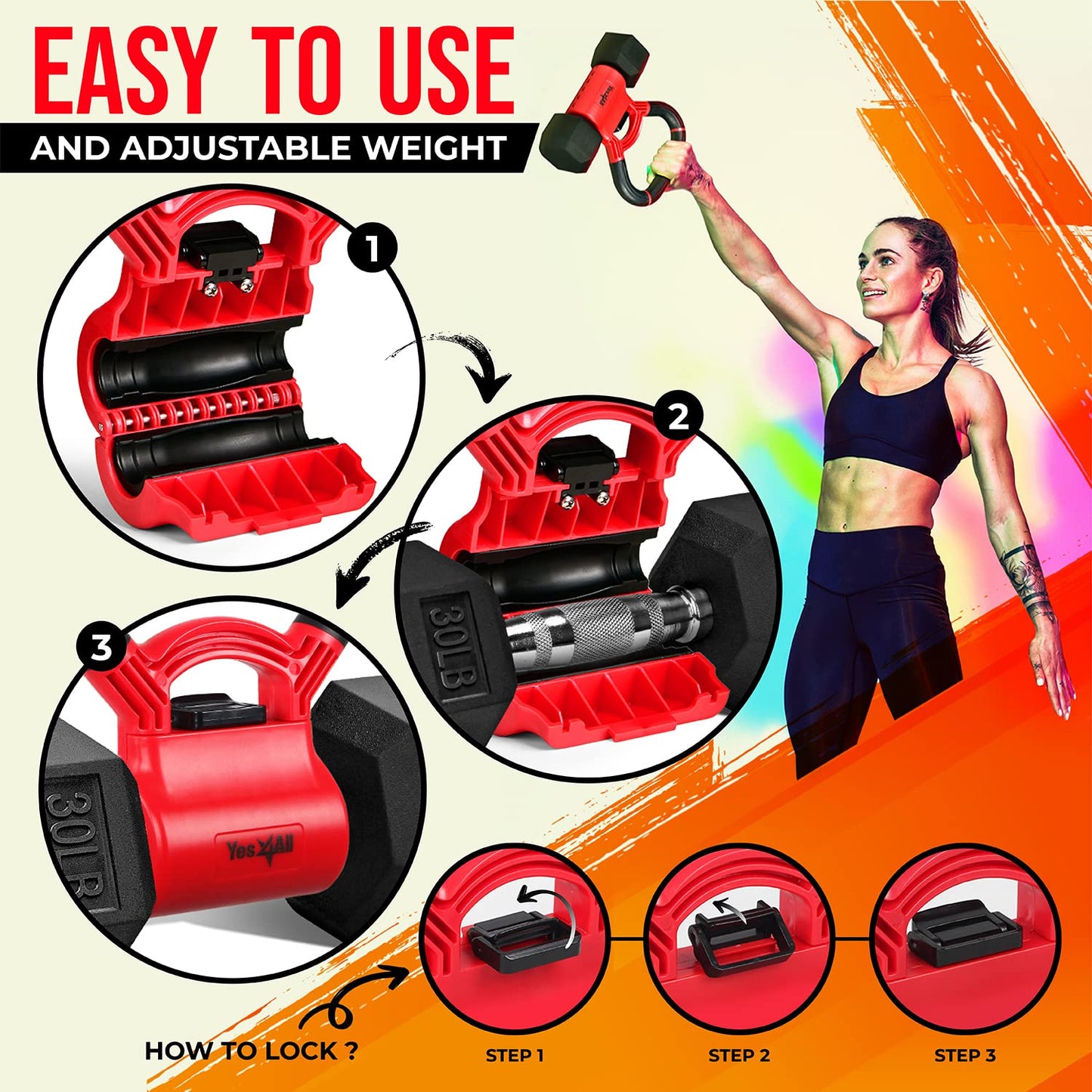 Yes4All Combo Kettle Grip (Single) + Rubber Hex Dumbbell (Single) - 30lbs - Red