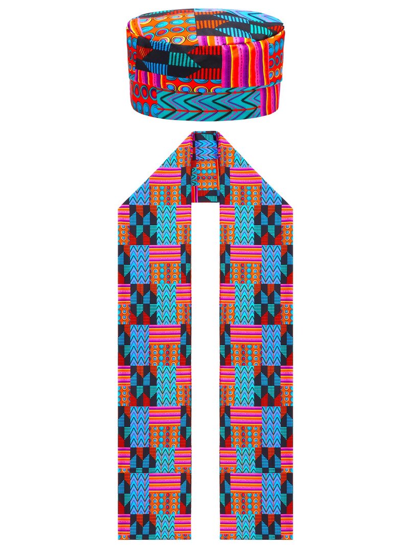 Geyoga 2 Pcs African Kente Pattern Kufi Hat Kente Kufi Hat Men and African Print Shawl for Emancipation Day Black History Choir Dance Men Women