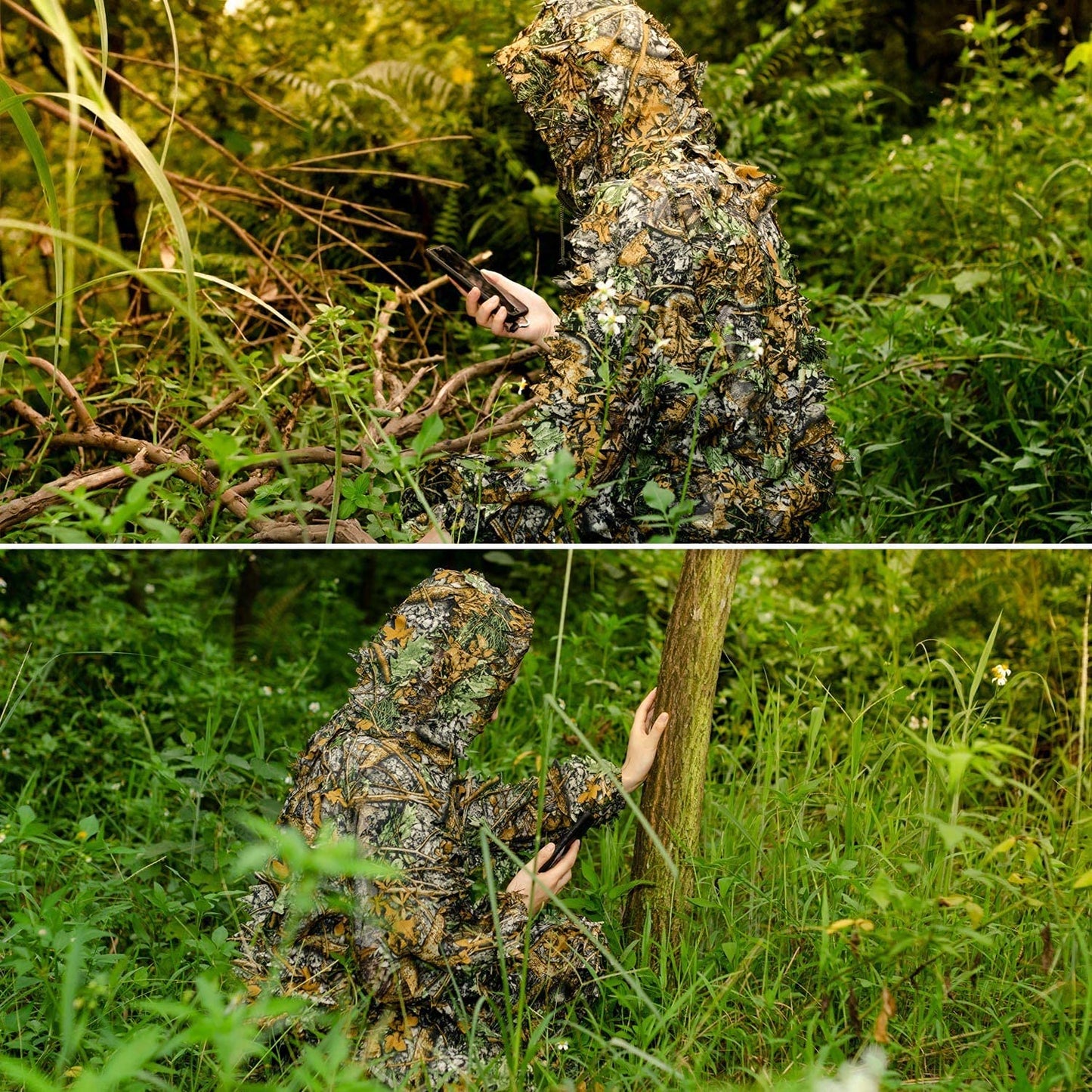 Monfasye Ghillie Suit, 3D Leafy Camo Hunting Suits Breathable Woodland Gillies Costume Jungle Clothing