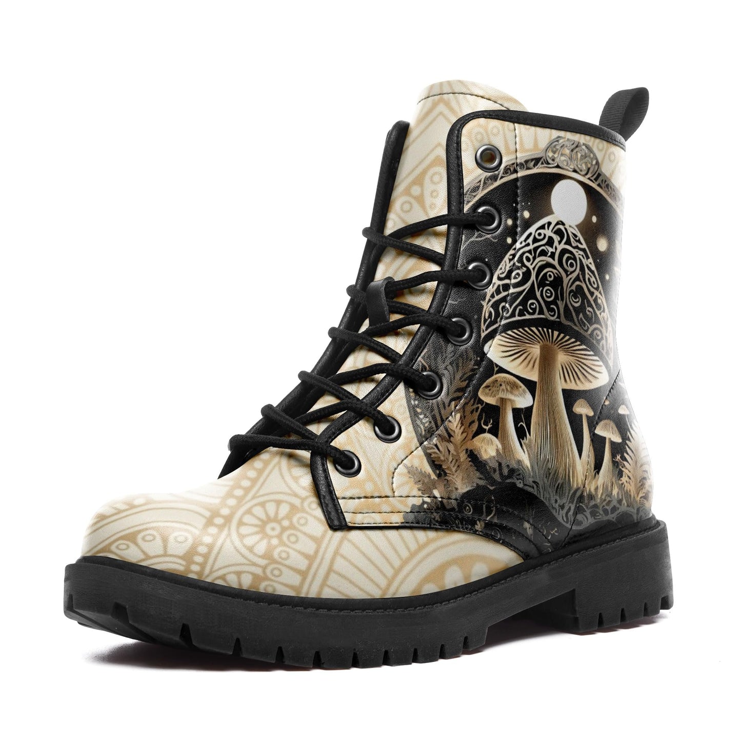 Women's Mid-Calf Combat Boots Leather Lace-Up Booties with Artistic Mushroom and Floral Patterns for Hiking,Daily Wear