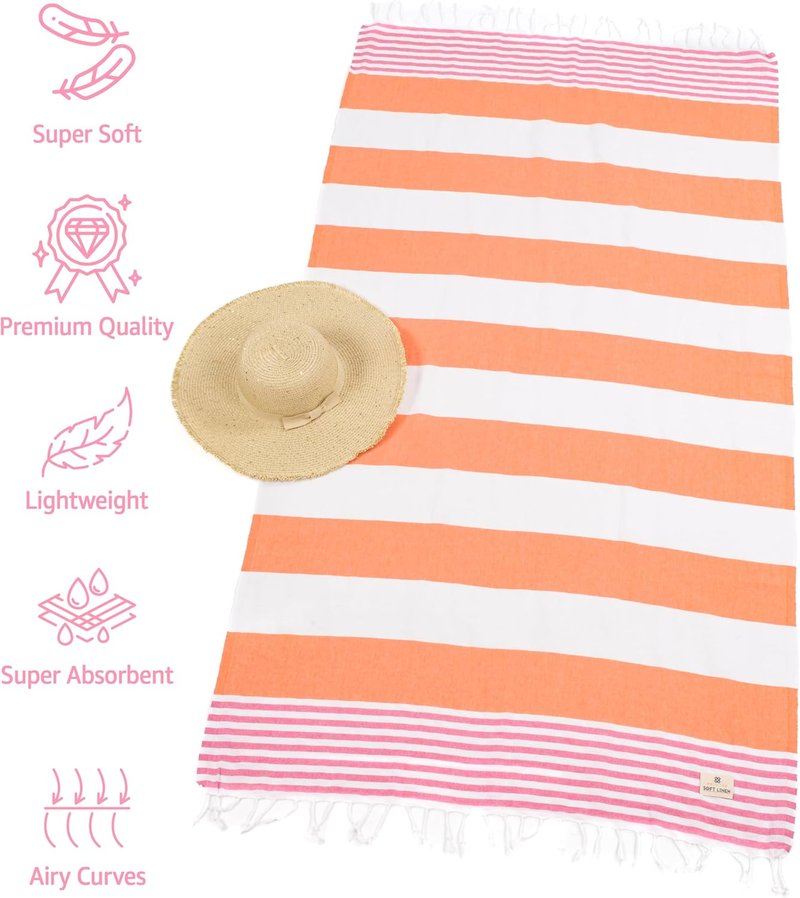 Soft Linen Peshtemal Beach Towels - 100% Cotton Quick Dry, Lightweight & Sand Free | 40"x70", Pink