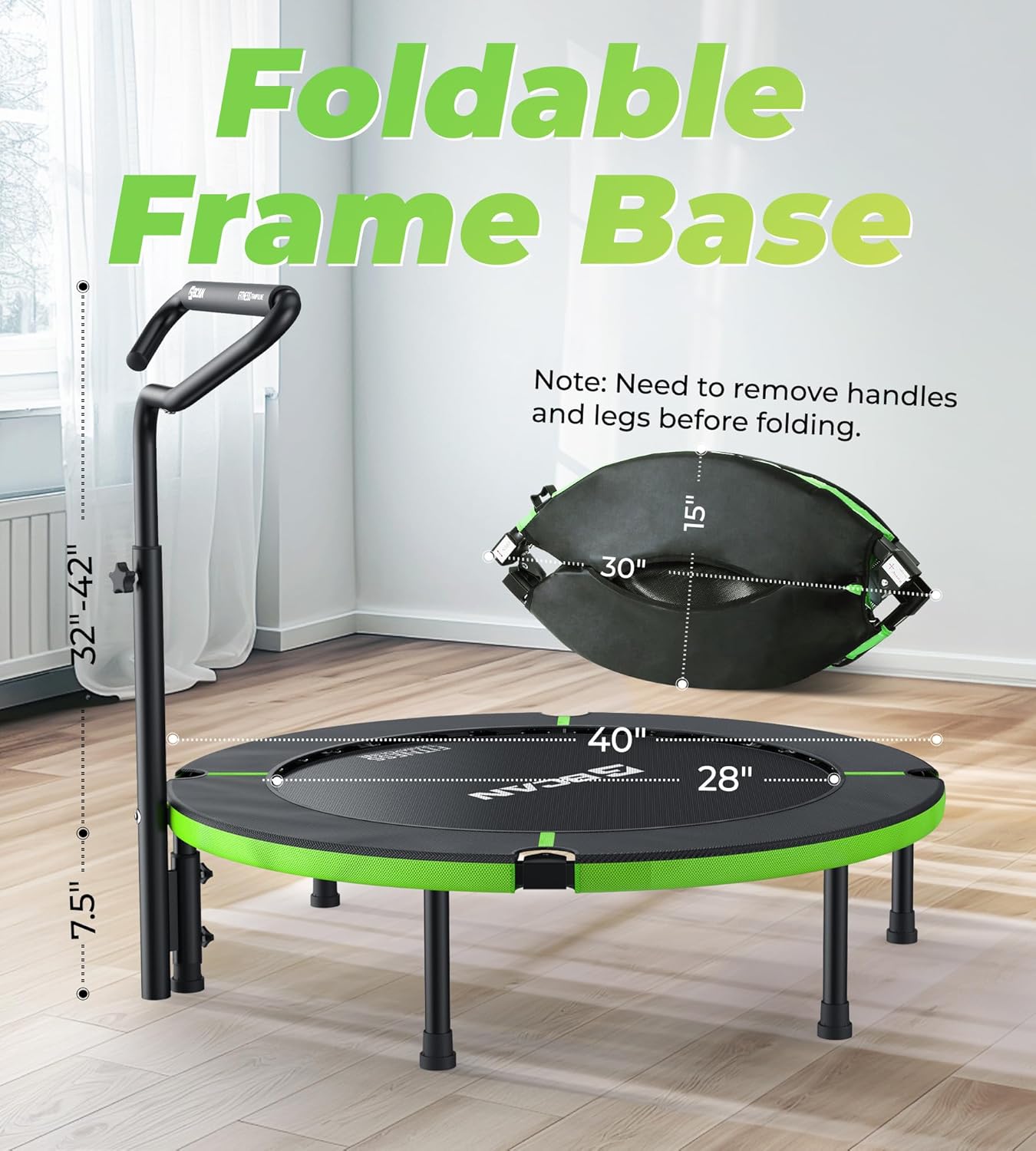 BCAN 40" Foldable Mini Trampoline - Adjustable Foam Handle for Indoor & Garden Workouts | Max Load 330lbs, Black