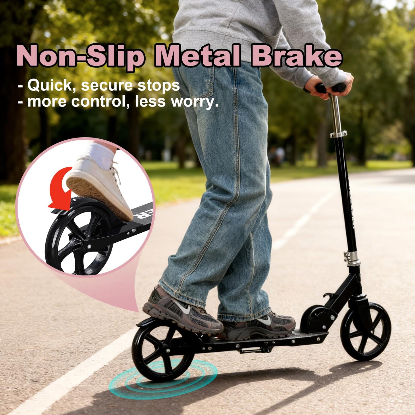 Kick Scooter Scooters for Kids Teens Adults - Heavy Duty Folding Scooters,Non-Slip Large Deck,Portable for Travel,Adjustable for 5-8 8-12 6+ Year Old Age Boys Girls Up to 300 Lbs - Black