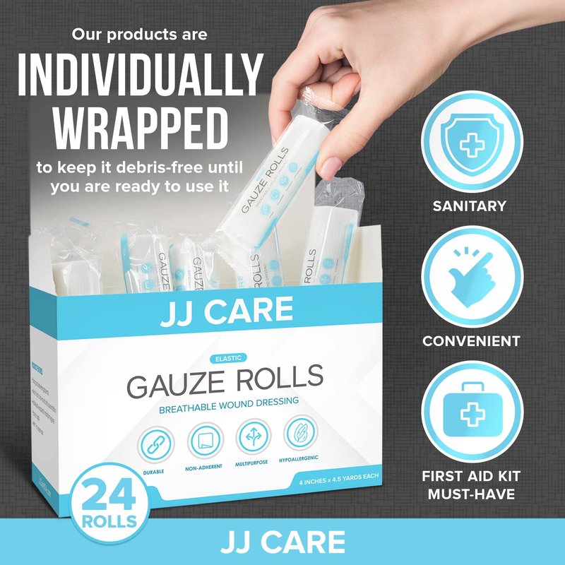 JJ CARE Gauze Rolls Pack of 24, Individually Wrapped Gauze Bandage Roll, with Bonus Medical Tape, 4 inches x 4.1 Yards Rolled Gauzes