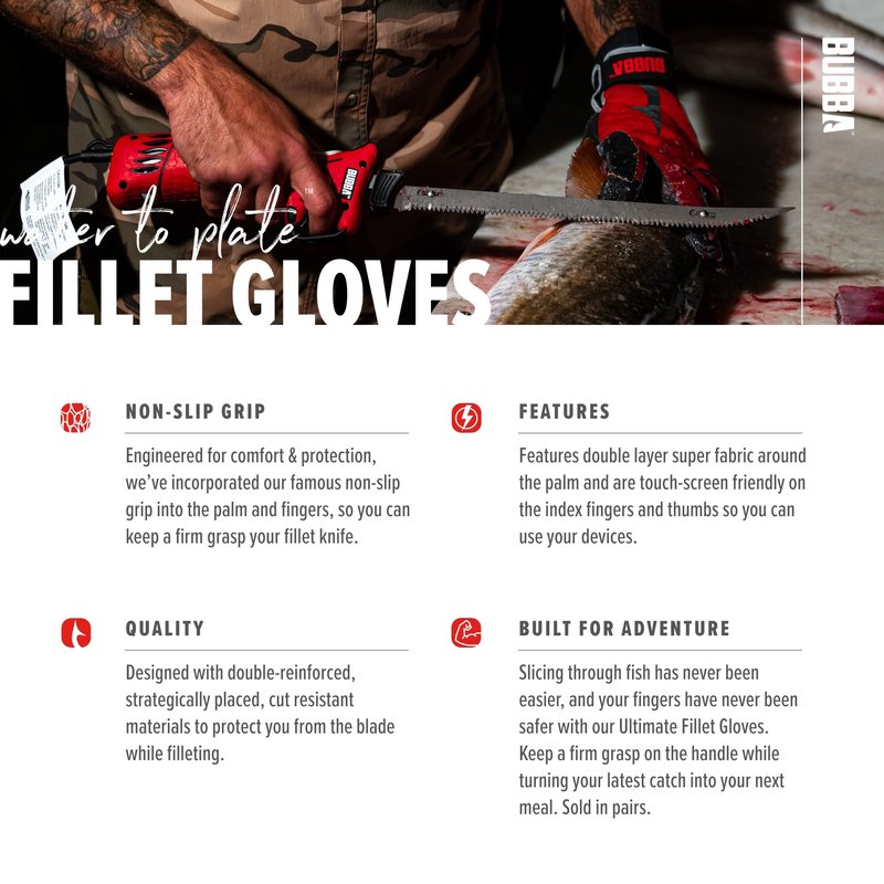 BUBBA Ultimate Fillet Gloves with Cut Resistant Construction and Touch Screen Usability for Fishing, Angling, Boating and Outdoors, Large