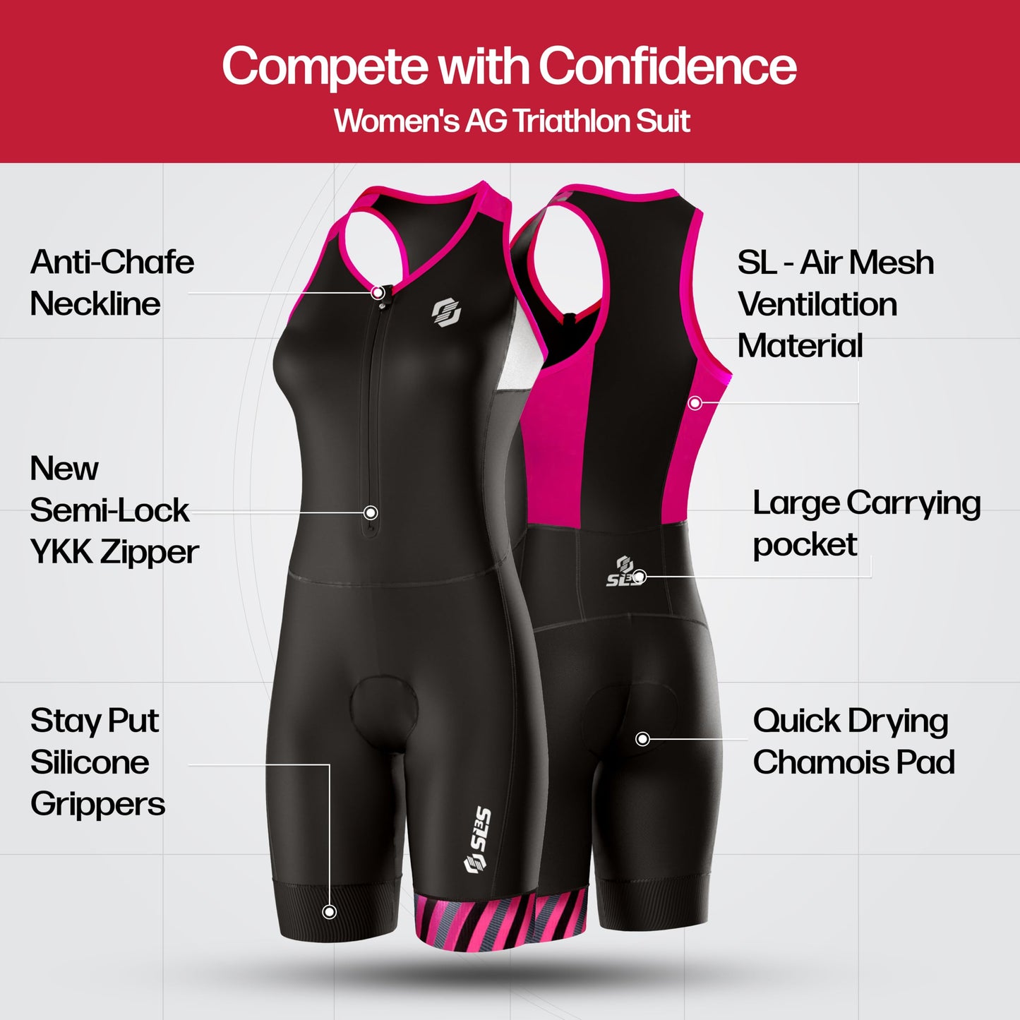 SLS3 Triathlon Suits Women - One Piece Tri Suit Women with Comfortable and Durable FRT Fabric - No Shelf Bra (Black/Bright Rose Stripes, Small)
