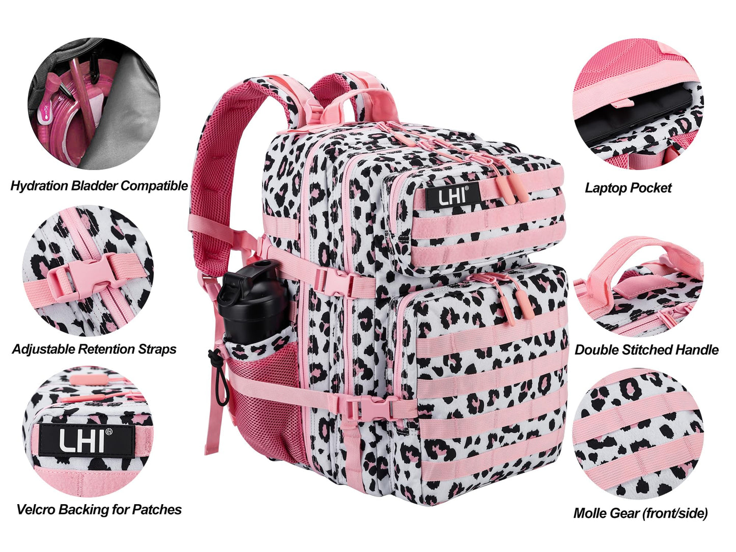 LHI Military Tactical Backpack for Men and Women 45L Army 3 Days Assault Pack Bag Large Rucksack with Molle System - Pink Leopard