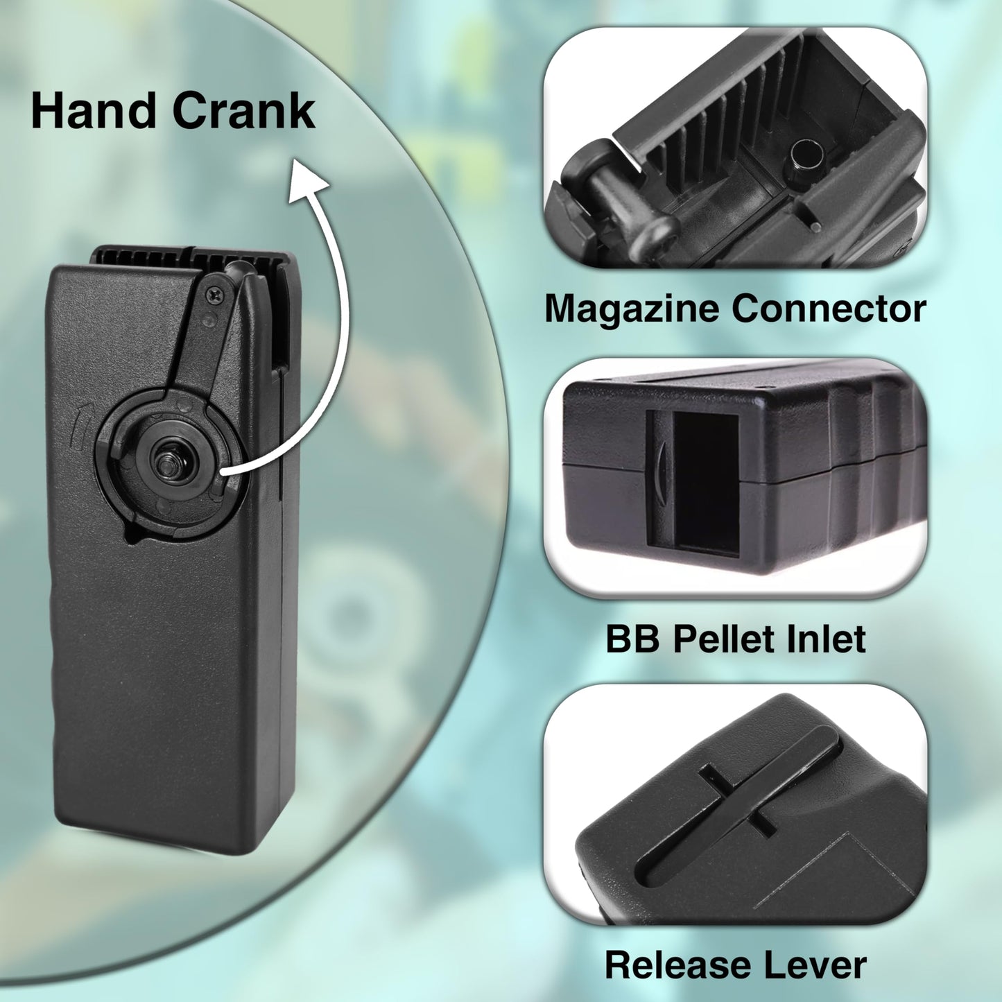 ARSUK Airsoft Speed Loader 6mm with Adapter – 1600 Large Capacity Hand Crank BB Pellet Reloader for Airsoft Magazines – Durable Reloading Tool for Airsoft Accessories – Black