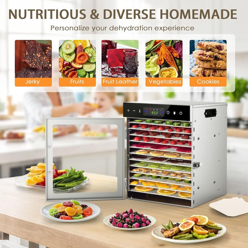 Food Dehydrator Machine - 12 Stainless Steel Trays, Digital Timer & Adjustable Temp Control for Jerky, Fruits | BPA-Free, Overheat Protection, Recipe Book Included