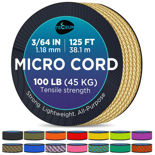 TECEUM Micro Paracord – Golden Sand – 1.18 mm x 125 ft – Micro Utility Cord – Thin Braided Paracord Rope Nylon Polyester – Wind Chime Replacement – Survival Strong String 028c