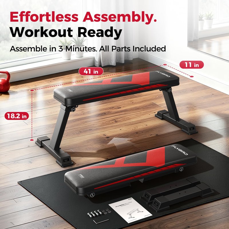 FLYBIRD Foldable Flat Weight Bench For Home Gym, Sturdy Strength Training Workout Bench, Space-saving Bench Press Flat Exercise Bench, Easy to Assemble (A-Red)