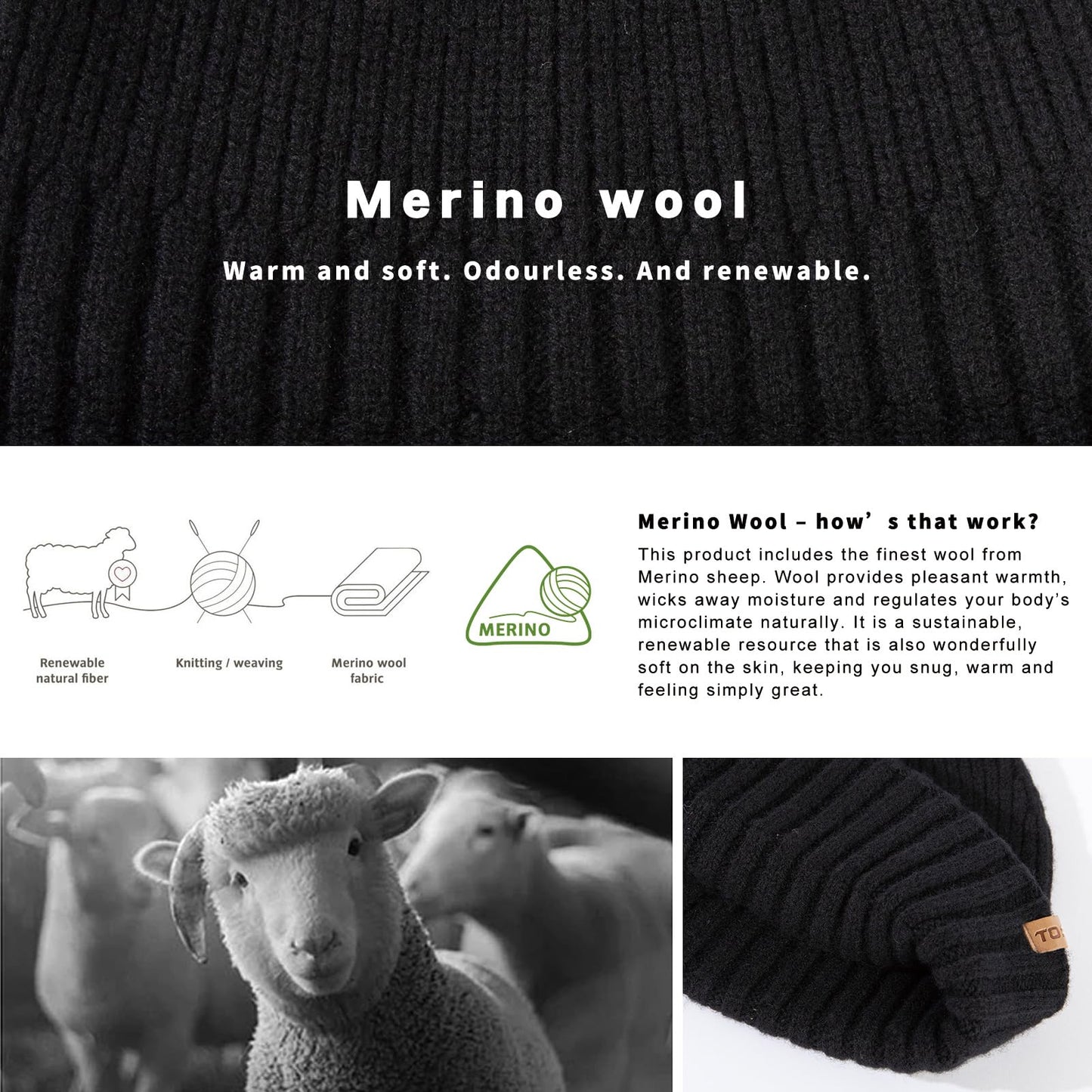 TOP-EX XL/XXL 100% Merino Wool Short Fisherman Beanie Hats for Men Women Knit Skull Cap Cuffed Beanie Warm Winter Hats Daily Hat Large Head Hat Black XL/XXL