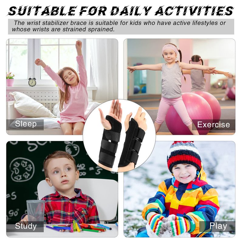Konohan 2 Pcs Wrist Brace for Kids Youth Carpal Splints Wrist Brace Sports Night Support with Adjustable Compression Straps for Children Sleep(Black,Age 8-12)