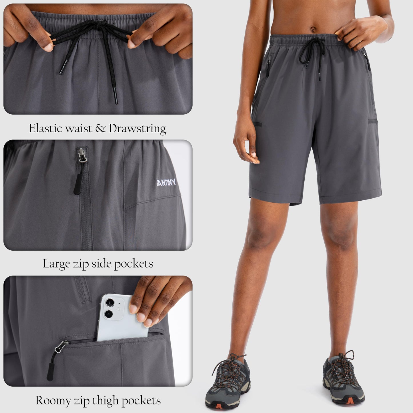 SANTINY Women's 5''/ 7''/9'' Hiking Cargo Shorts Quick Dry Lightweight Summer Shorts for Women Athletic Golf Zipper Pockets(Dark Grey_XXL)