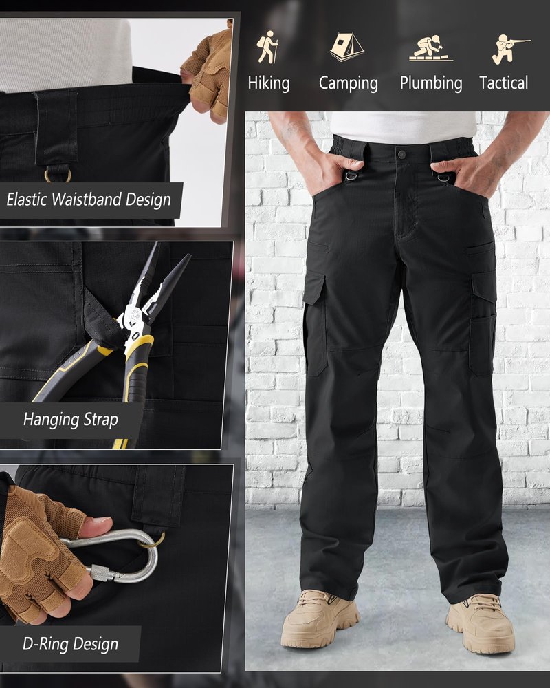 IGOLUMON Men's Stretch Tactical Pants Ripstop Cargo Work Pants for Men with 11 Pockets Lightweight Hiking EDC Pants for Construction & Outdoor Gear Black