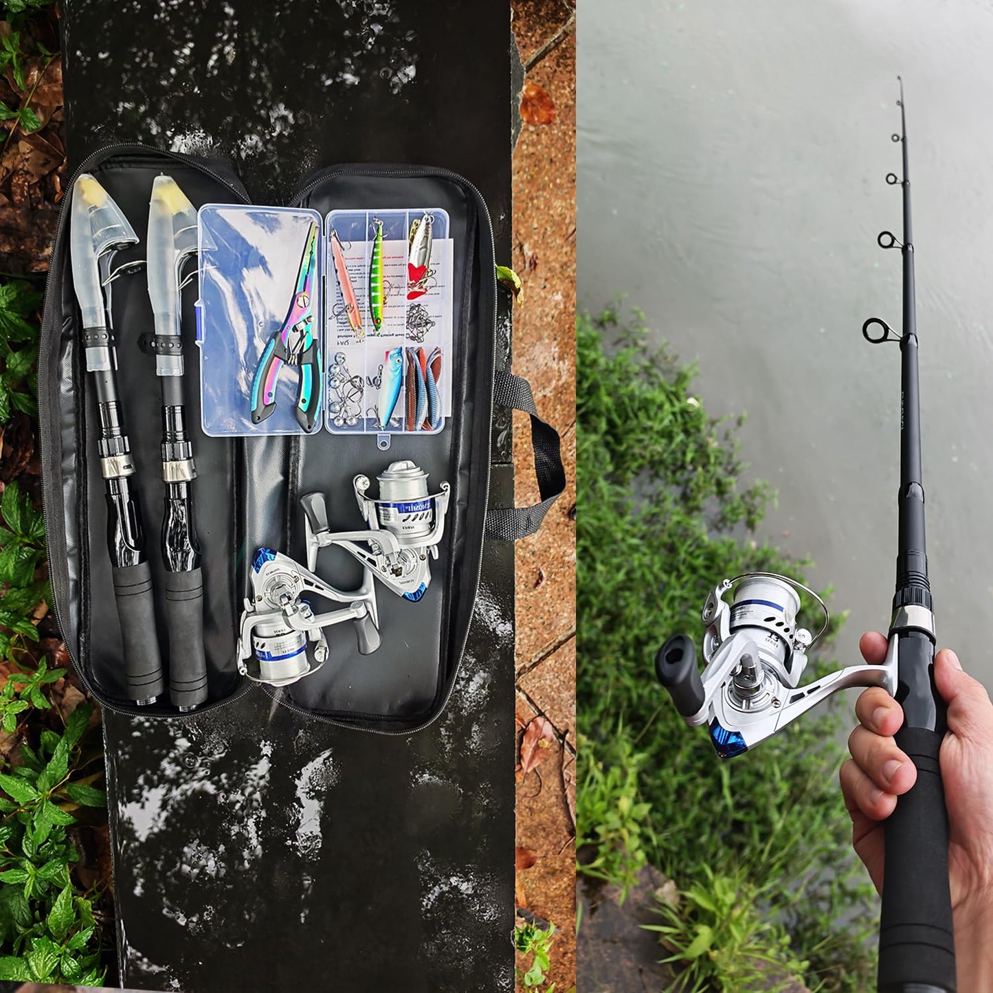 Fishing Rod and Reel Combos, 2PC Telescopic Fishing Pole Spinning Reels Sets, Collapsible Fishing Rod Full Kit with with Fishing Pliers Carrier Bag for Travel Saltwater Freshwater