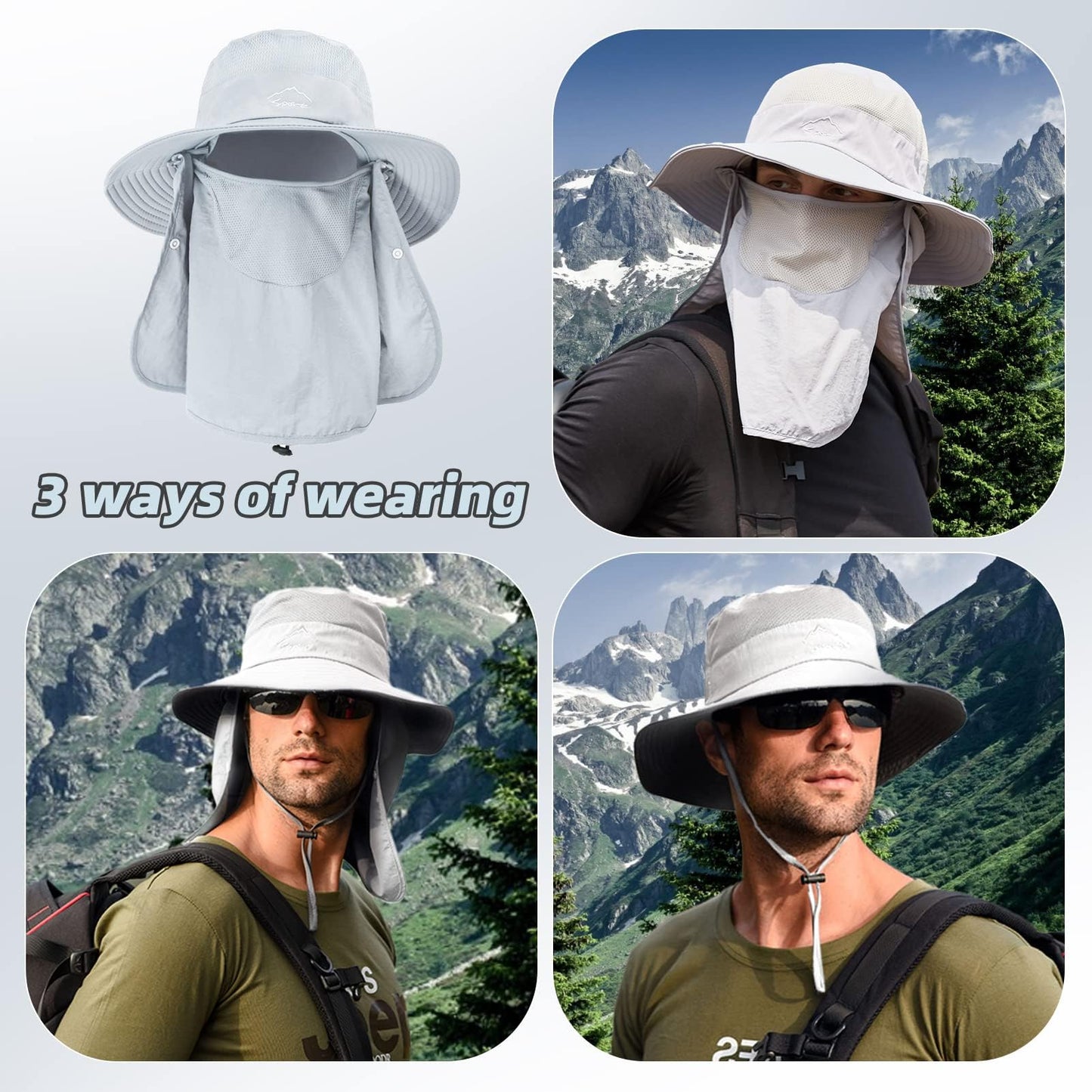 Fishing Hat for Men Sun Protection Hat with Removable Mesh Face Neck Flap Cover Windproof Strap for Men and Women Light Gray