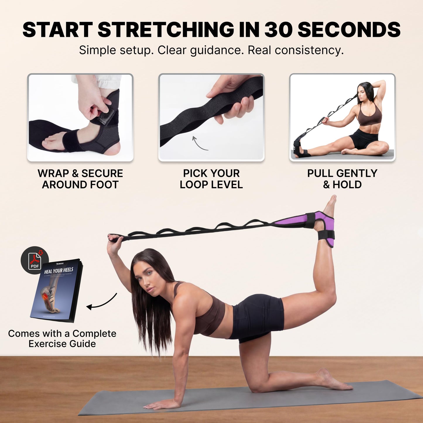 DMoose Fitness Foot & Calf Stretcher with Adjustable Padded Stretching Strap for Plantar Fasciitis, Hamstring, Heel Spurs and Achilles Tendonitis Relief - Yoga Leg Stretch Strap (Purple)