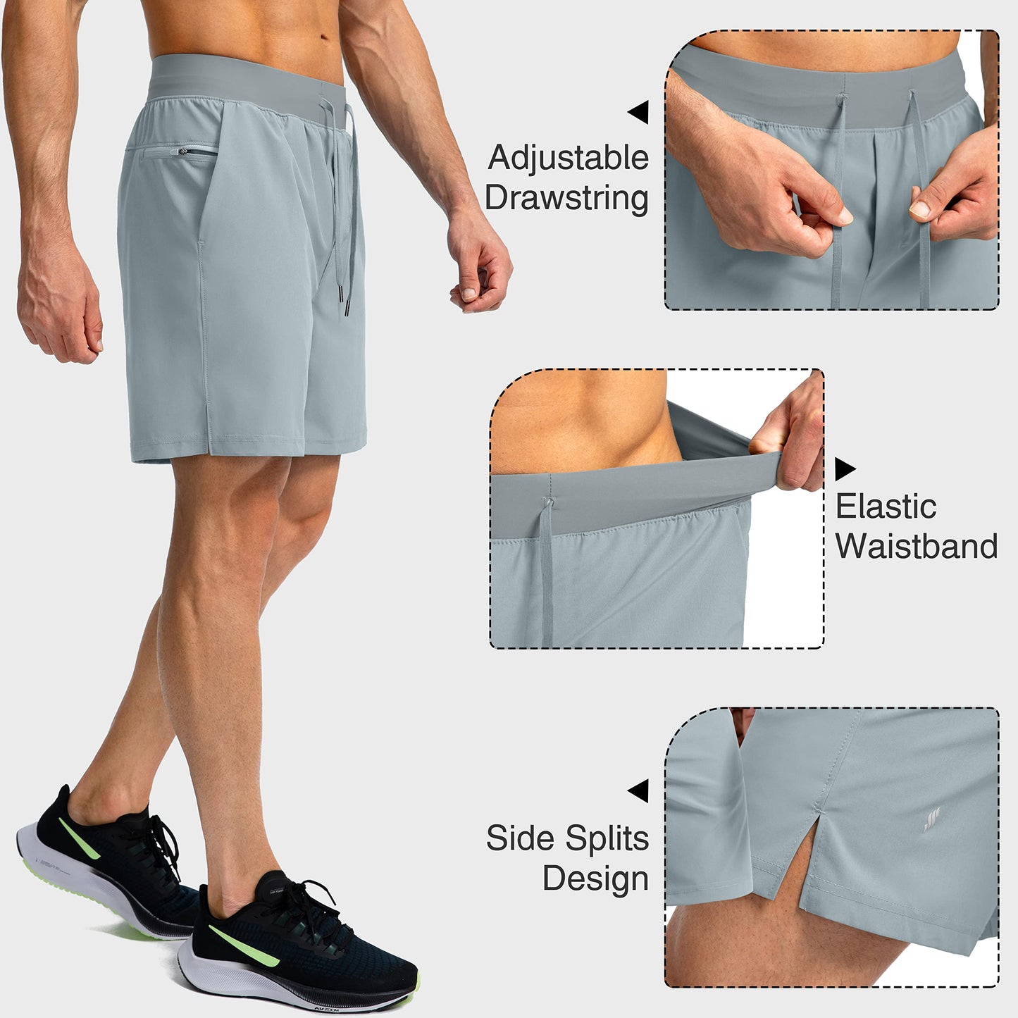 Soothfeel Men's Running Shorts with Zipper Pockets 7 Inch Lightweight Quick Dry Gym Athletic Workout Shorts for Men (Light Grey2, L)