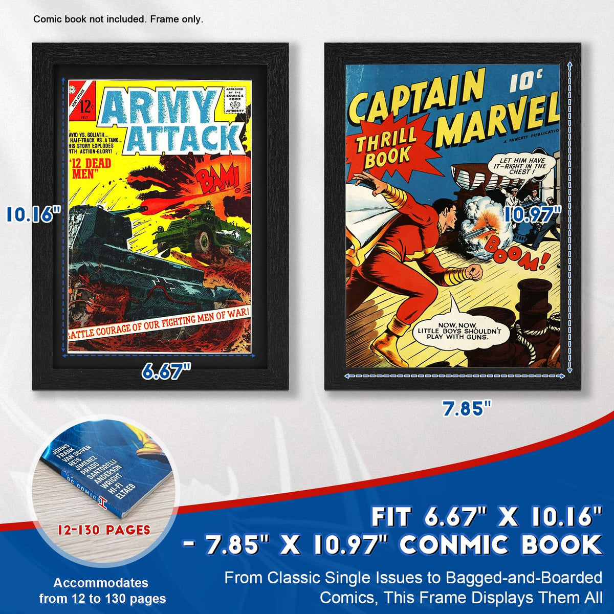 JupDec Comic Book Frame, Premium Wood Display Case for 6 11/16" × 10 3/16" Comic, Wall Mount or Tabletop Stand, Layered Design with Positioning Mat, Perfect for Home Decor, 4 Pack, Black