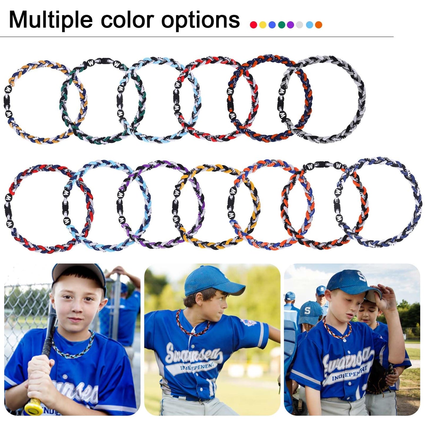 Willtok Premium 18inch Baseball Necklace, Sports Fan Necklaces, Baseball Rope Tornado Necklace (18 inch, Navy Red White)