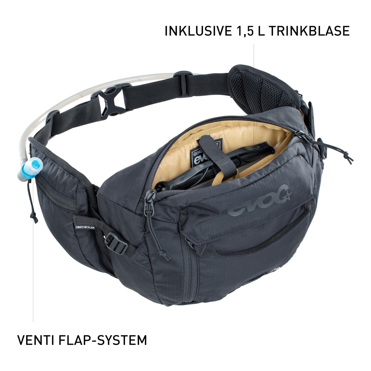 EVOC HIP PACK 3l hip bag (3l capacity, AIRFLOW CONTACT SYSTEM, adjustable hip belt, VENTI FLAP system, incl. 1.5l hydration bladder), black