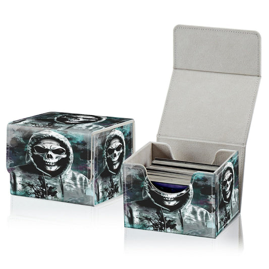 RWUTYTIUL Card Deck Box for MTG Cards, Card Storage Box Fits 100+ Sleeved Cards, PU Leather Large Size Strong Magnet Card Deck Case Holder for Board Game Magic MTG TCG CCG, Cool Skull