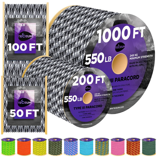 TECEUM Paracord Type III 550 Urban Camo – 50 ft – 4mm – Tactical Rope MIL-SPEC – Outdoor para Cord –Camping Hiking Fishing Gear and Equipment – EDC Parachute Cord – Strong Survival Rope 1607mb