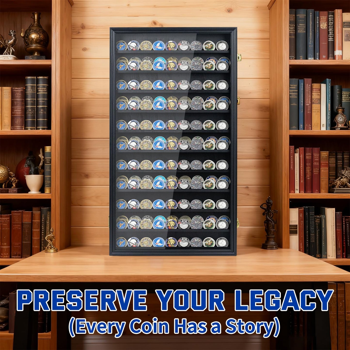 Large 11-Tier Wooden Challenge Coin Display Case, 29.1" Military Coin Holder Wall Cabinet with Removable Shelves & Lock for Collection Display, Dustproof & UV Protection, Black