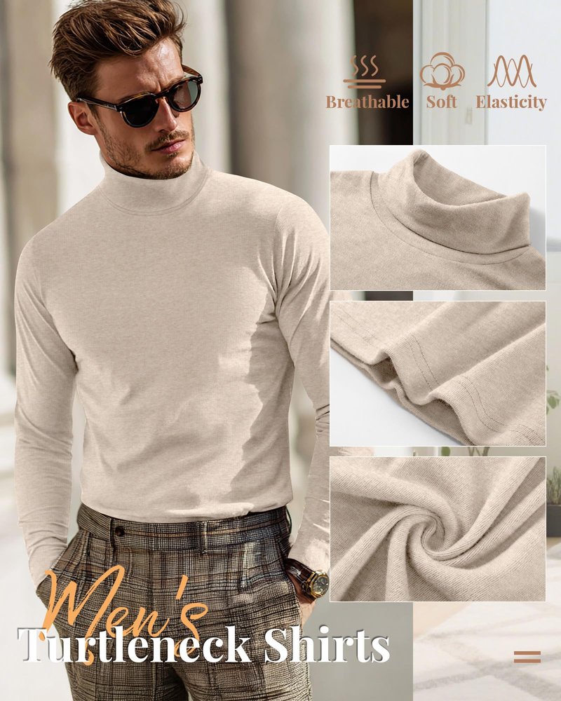 Ficerd 3 Pack Men's Turtleneck Shirts, Long Sleeve Cotton Pullover Sweaters Mock Neck Knitted T Shirt Basic Slim Fit Tee Tops (Black, Apricot, Red,Small)