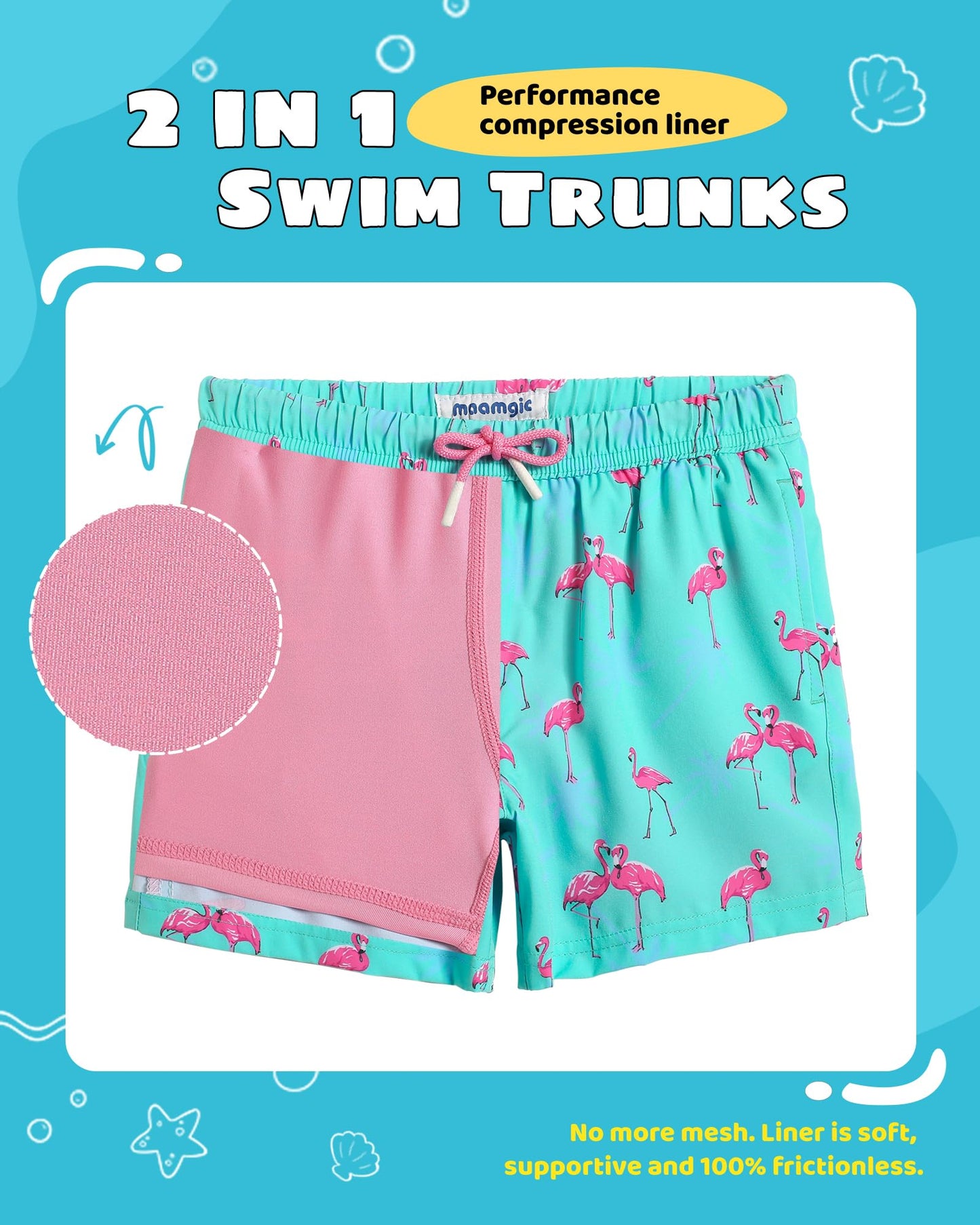 maamgic Boys Swim Trunks with Compression Liner Toddler Stretch Swim Shorts Quick Dry Swimming Trunks Boxer Brief 2 in 1 Beach Shorts Blue Flamingos 5/6