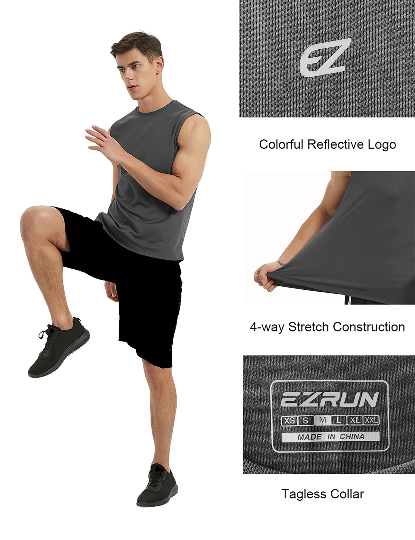 EZRUN Men's Workout Sleeveless Shirts Quick Dry Muscle Swim Shirt Gym Fitness Running Beach Tank Tops(Grey,XL)