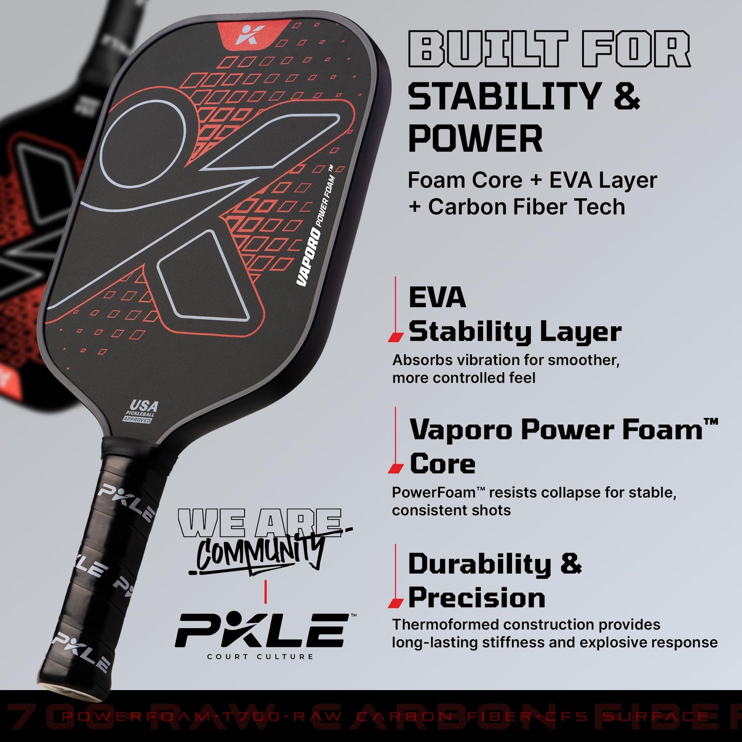 Vaporo Power Foam™ – Pro Pickleball Paddles with EVA Stability Layer, T700 Carbon Fiber CFS Face, Thermoformed Unibody Frame & Advanced Foam Core Innovation for Elite Play