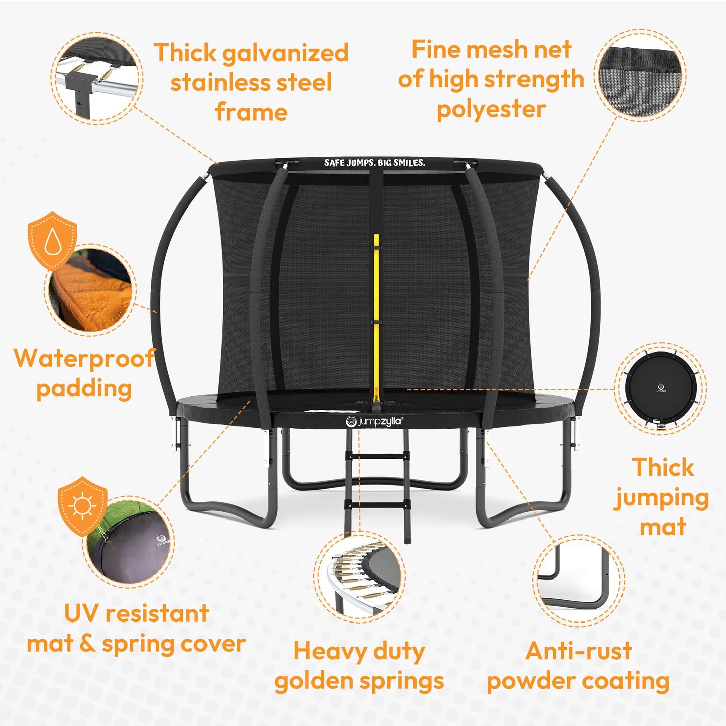 JUMPZYLLA Trampoline Outdoor 8FT 10FT 12FT 14FT 15FT 16FT with Enclosure, Non-Slip Ladder & Anti-Rust Coated Frame, ASTM Approved Recreational Backyard Large Trampoline with Net for Kids & Adults