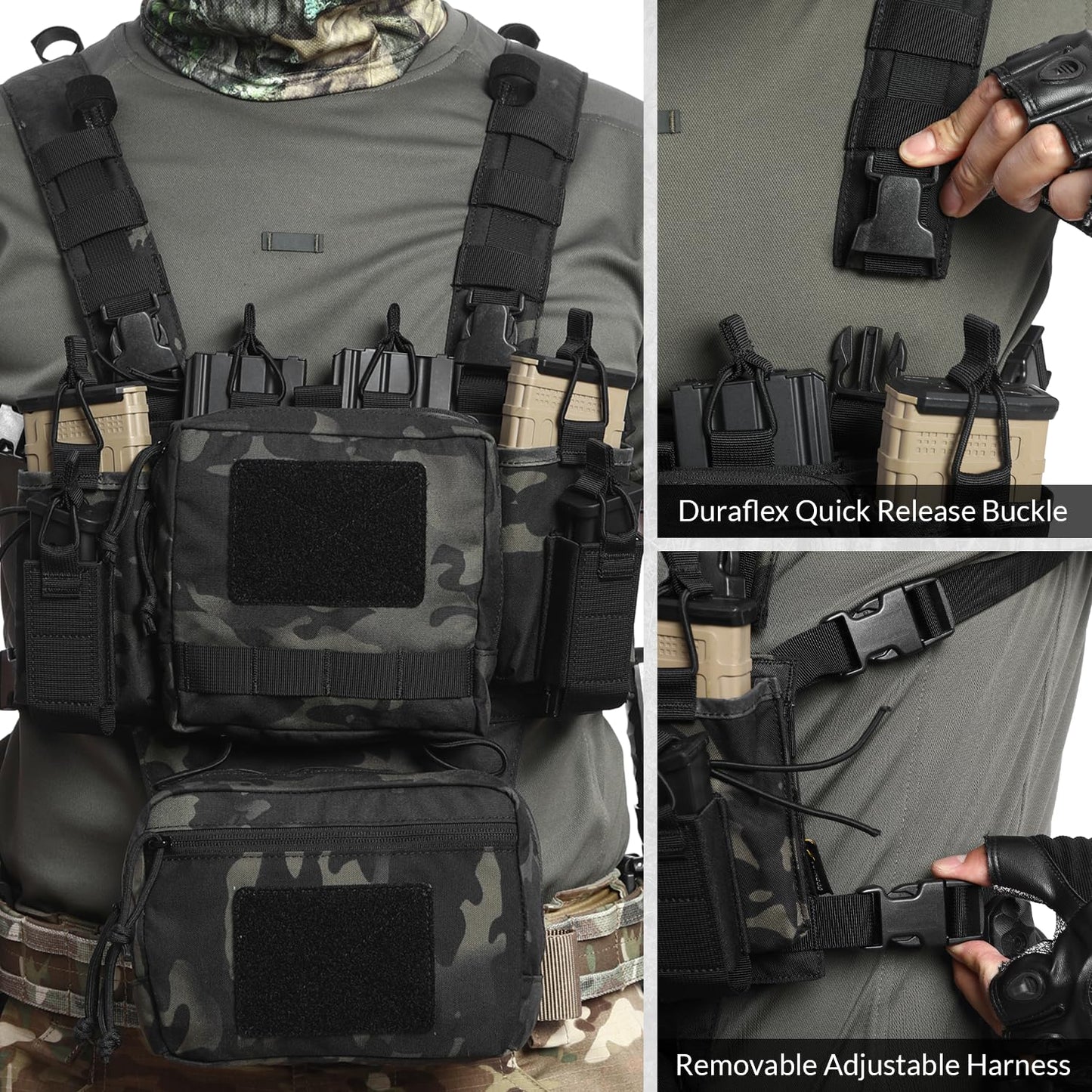 VOTAGOO GEAR Chest Rig-Tactical Chest Rig, Adjustable & Detachable Molle Micro Chest Rigs, with 5.56/7.62 Magazine Pouch, Pistol Pouch