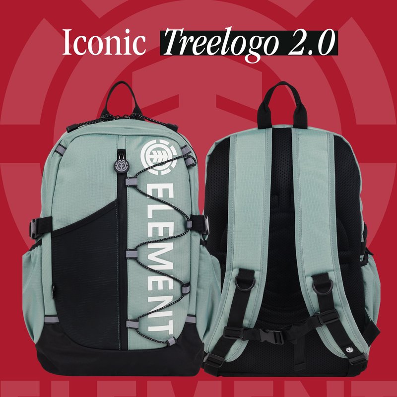 Element Backpack, Vertical Logo Skate Pack, Multi-Compartment Storage, Reflective Bungee Cord, Sage