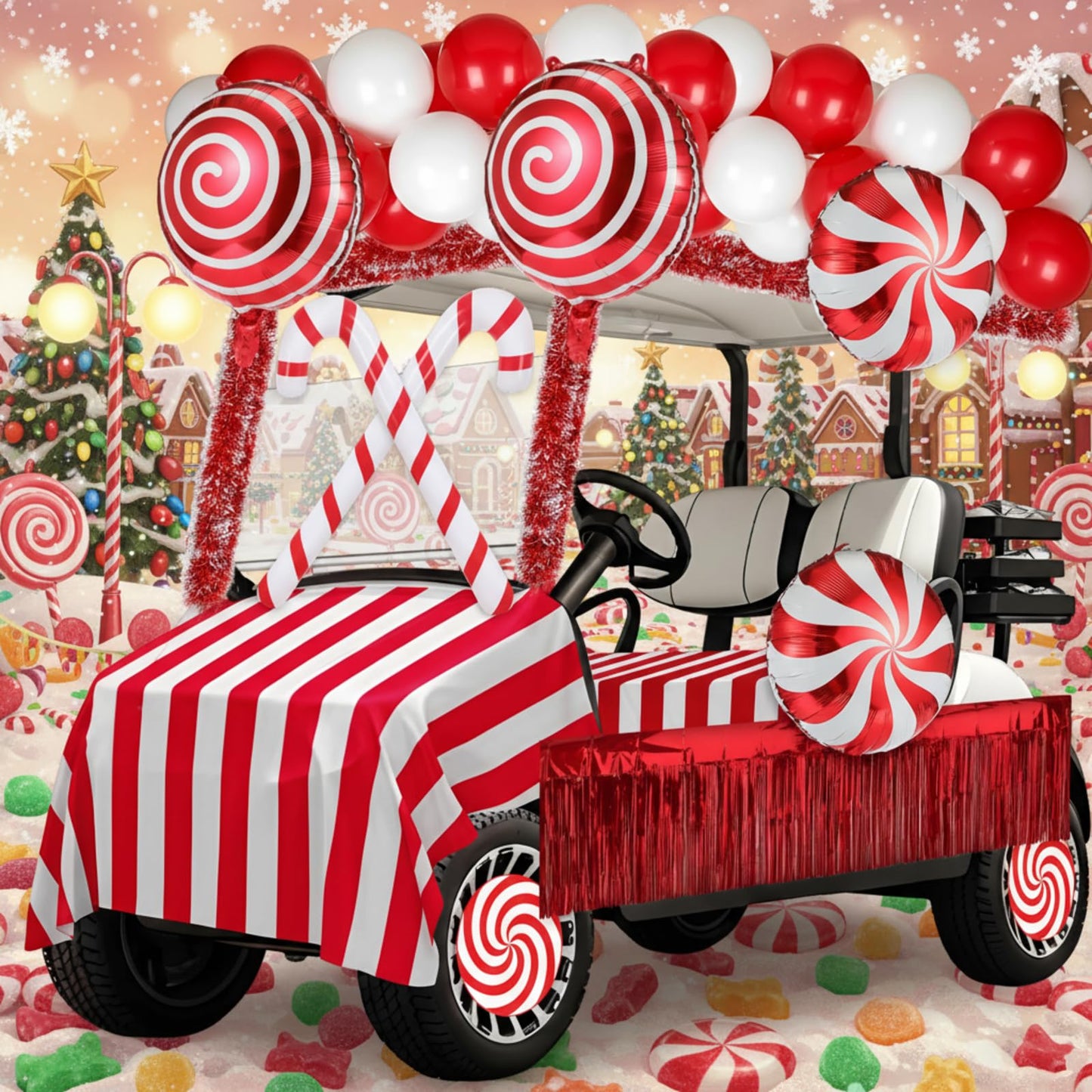 Soulchen 75 Pcs 82 Pcs Christmas Parade Golf Cart Decoration Kit Candy Theme Balloons Garland Arch Fringe Curtains Tinsel Garland Candy Cane PVC Decor for Xmas Golf Cart Party Supplies Decor (Classic)