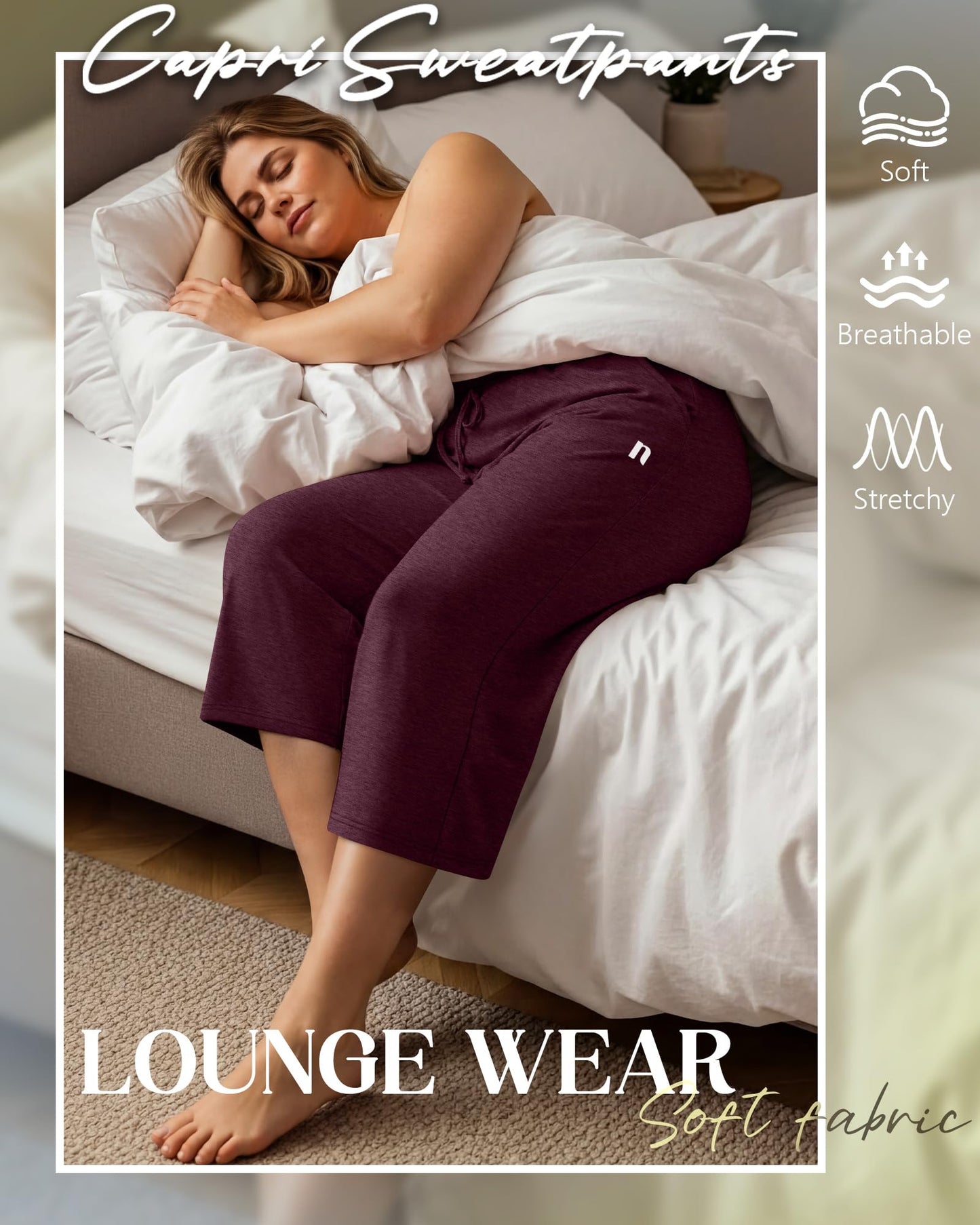 Neer 3 Pack Women's Plus Size Capris,Wide Leg Loose Pants Casual Drawstring Capri Sweatpants Drawstring Pants with Pockets(Black, Wine Red, Midnight Blue,3X-Large)
