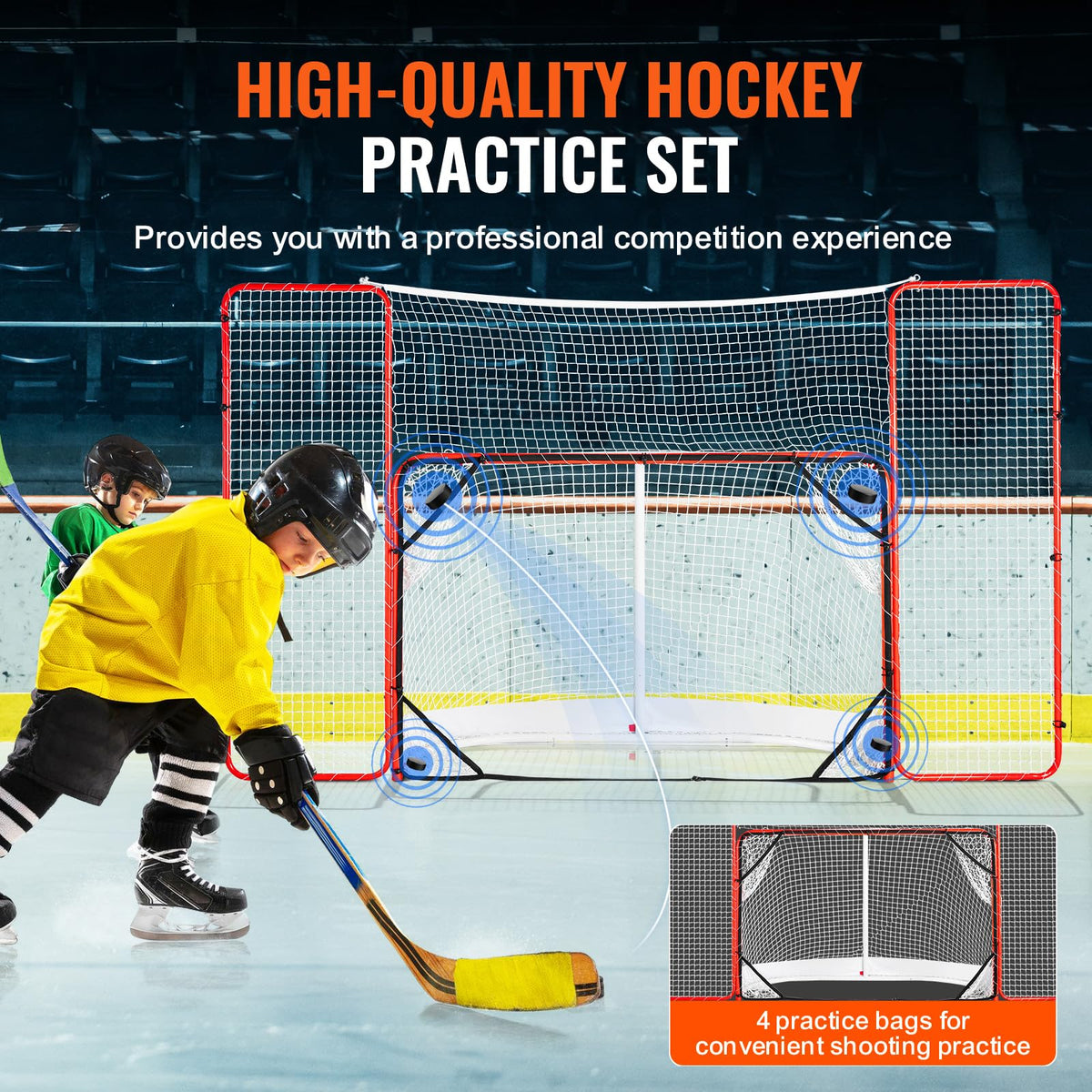 VEVOR Hockey Goal with Backstop and Targets, Street Steel Hockey Net, 72" Pro Hockey Training Goal Set, Portable Indoor Outdoor Hockey Goal with Net, Easy Assemble, White/Red