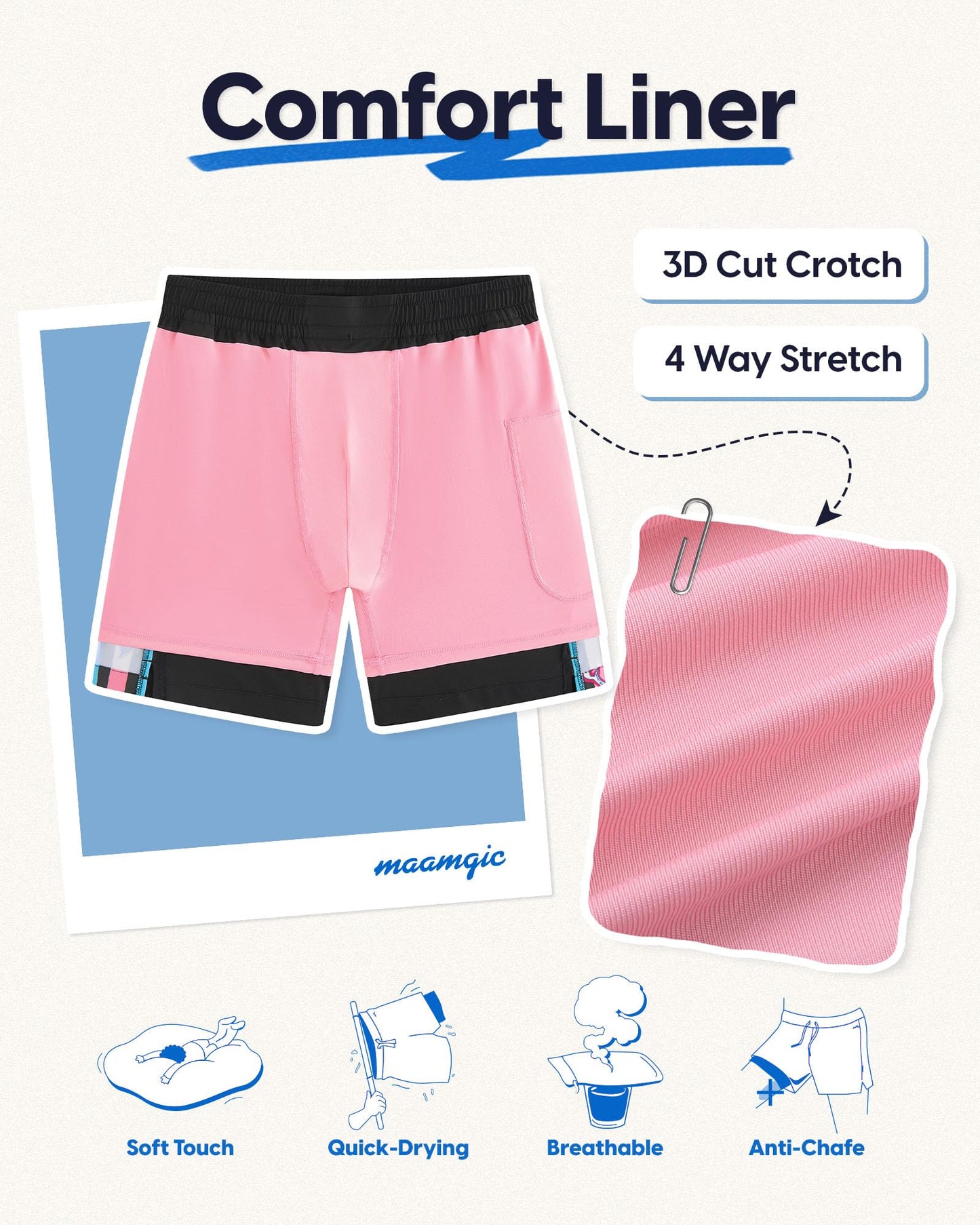 maamgic Mens Swim Trunks - Mens Bathing Suit with Compression Liner 7 Inch Quick Dry Fshion Stretch Zipper Pockets Swimwear Black-Pink-Shark