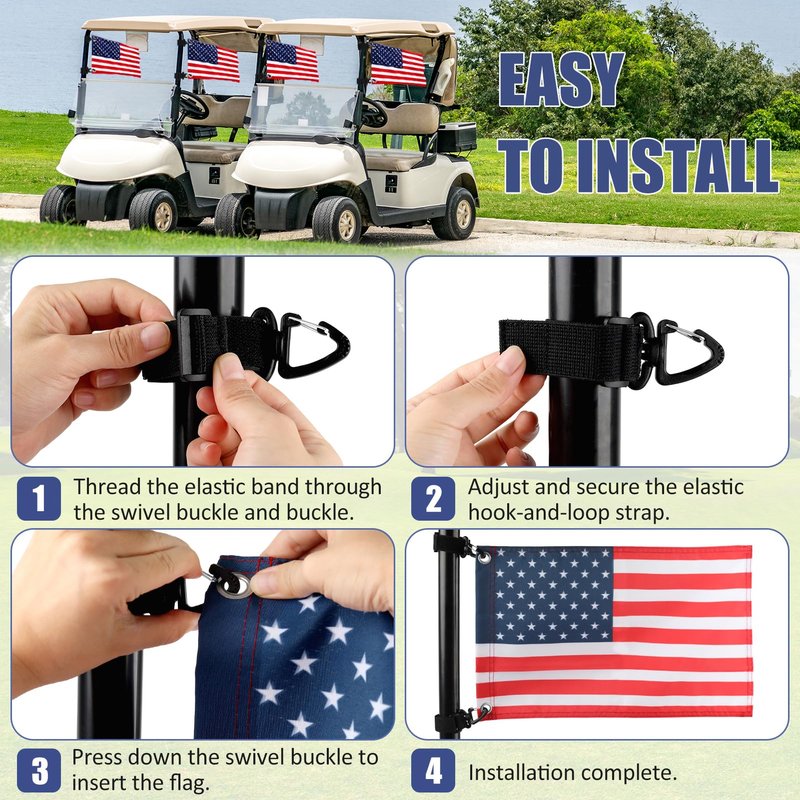 TRINKA Golf Cart Flag with Elastic Strap Bracket, Easy Installation American Handicap Flag for Golf Cart, Boat, Bike (2 Pack 12" x 18" American Flags)
