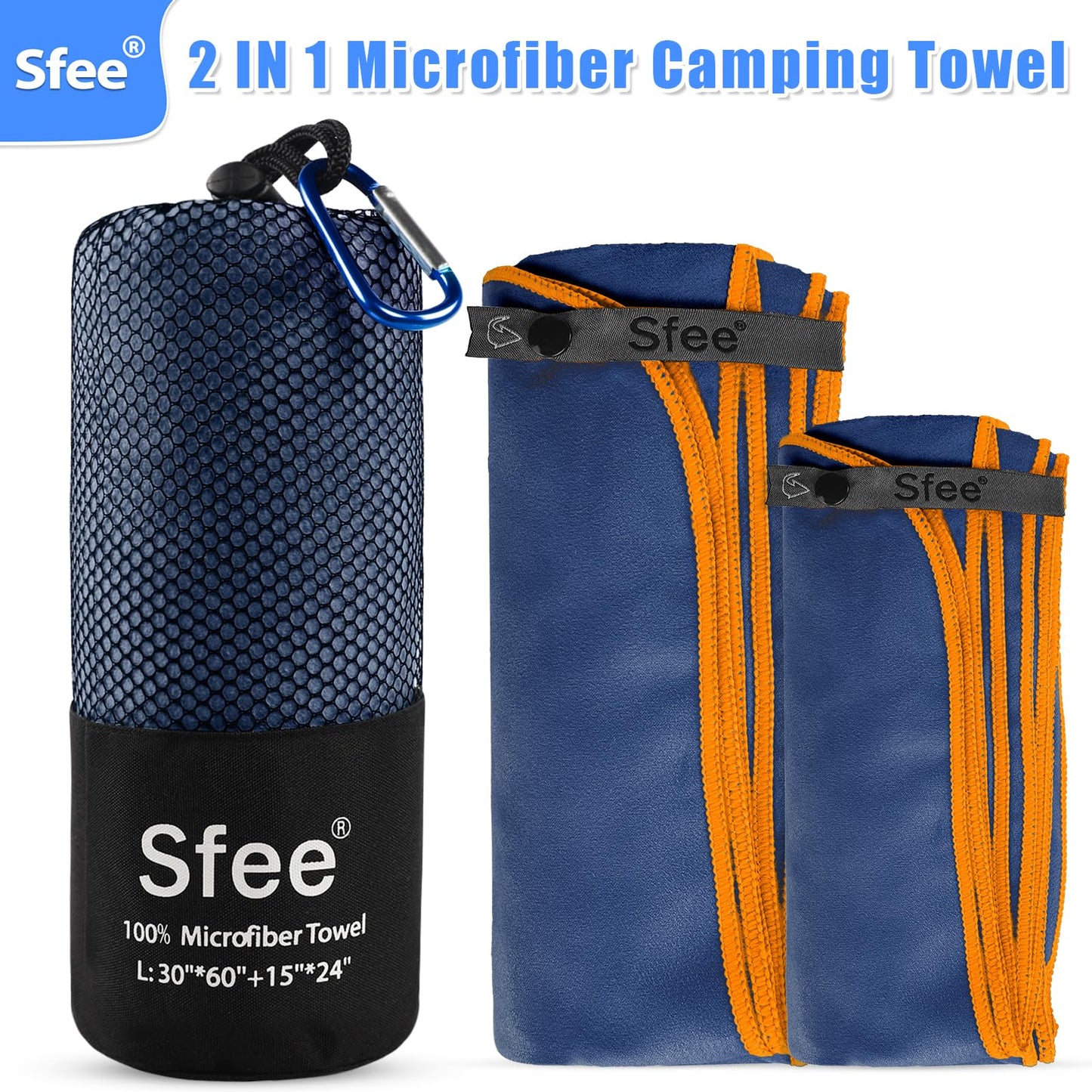 Sfee 2 Pack Microfiber Travel Towel, Quick Dry Towel Camping Towel Super Absorbent Compact Lightweight Sports Towel Swim Towel Gym Towel Beach Towel Set for Gym, Hiking, Pool, Backpacking, Bath, Yoga